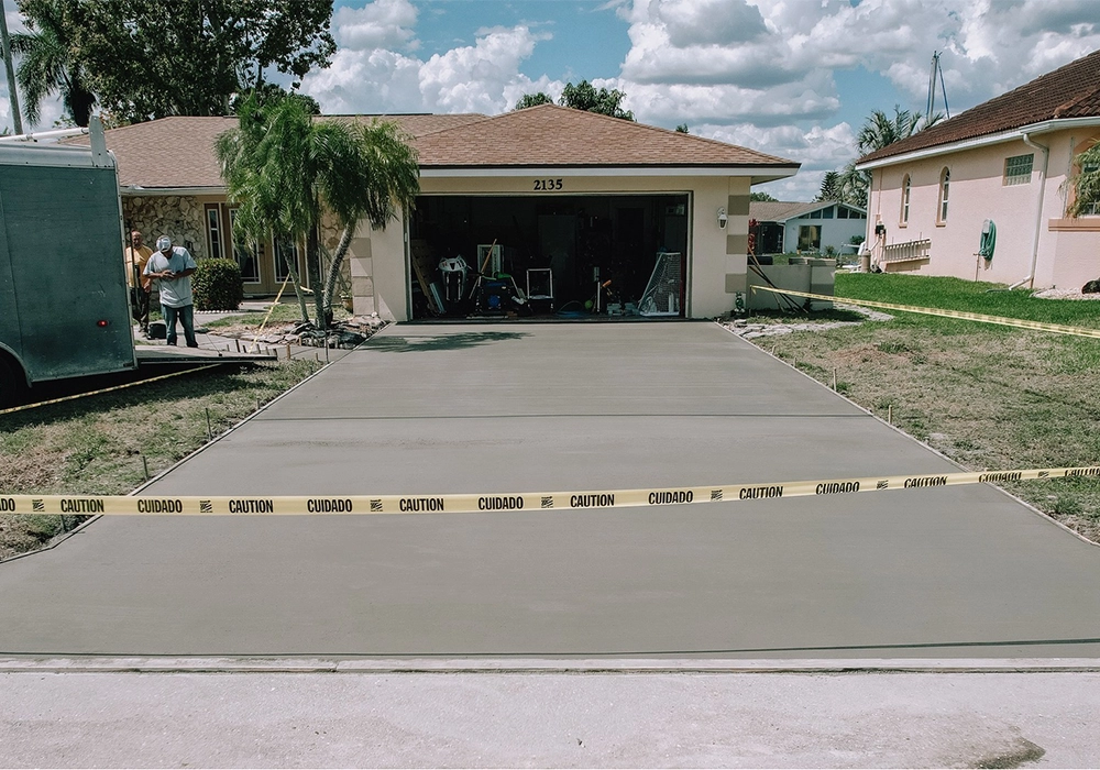 Concrete driveway installation with smooth finish