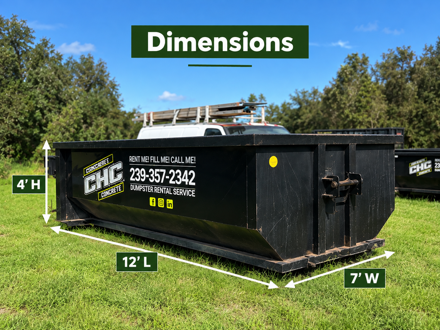 10 yard dumpster dimensions - 12 feet long, 7 feet wide and 4 feet high